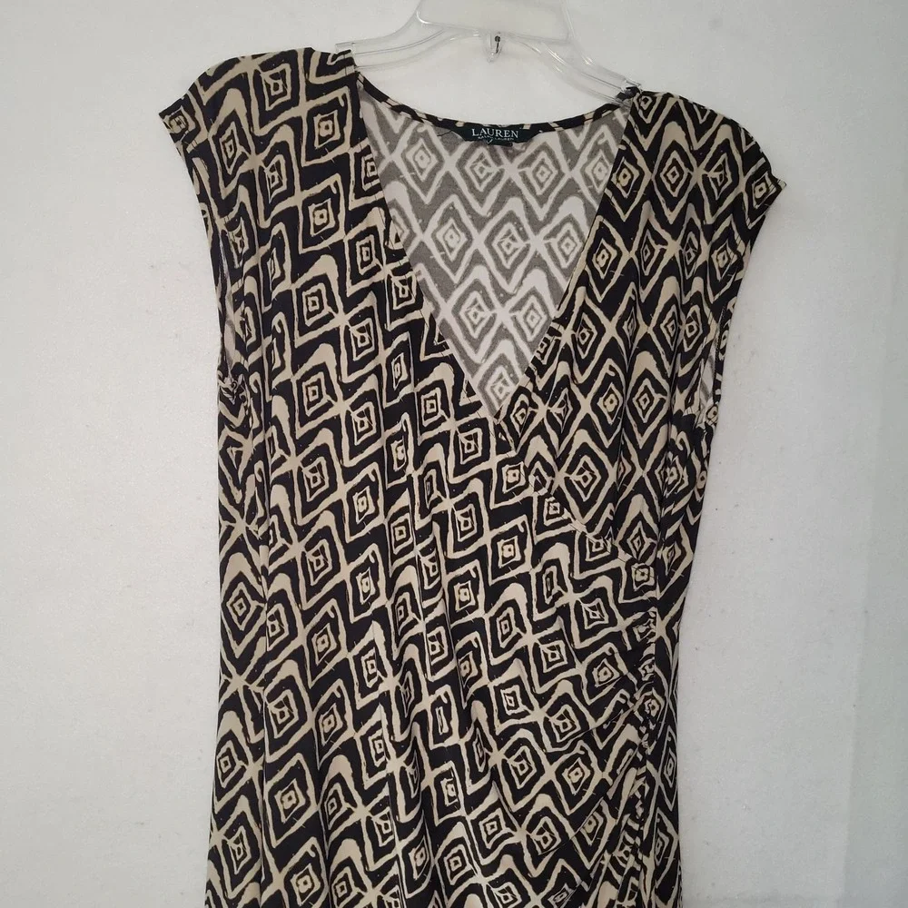 Lauren Ralph Lauren Dress Large‎ Black Beige Diamond Print Sleeveless Ruched